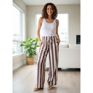 Urban Daizy Striped Wide Leg Drawstring Pants Brown White Womens Medium NWT